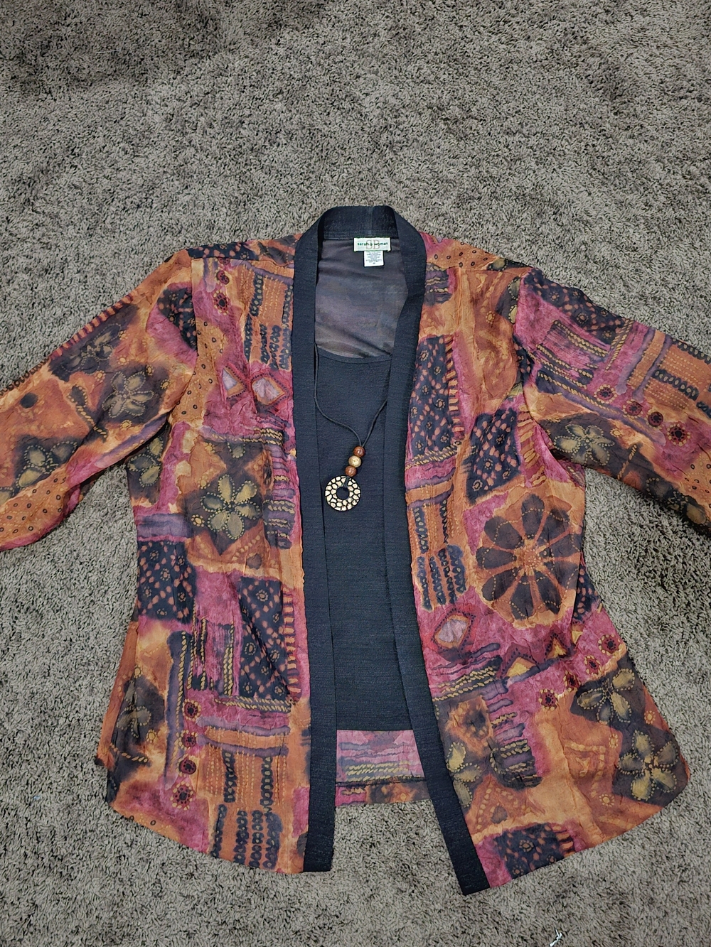Sarah B Woman Artsy Patchwork 2-Fer Layered Open Front Cardigan Top - Size 20